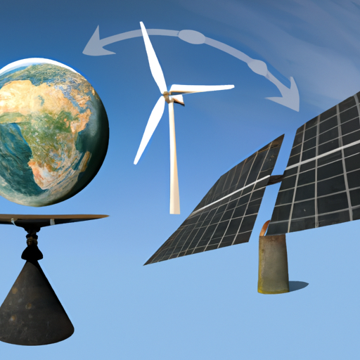 Un globe terrestre, des éoliennes et un panneau solaire