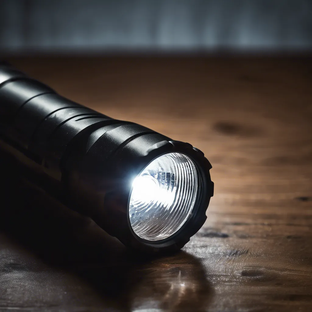 Gros plan d'une lampe de poche sur table en bois